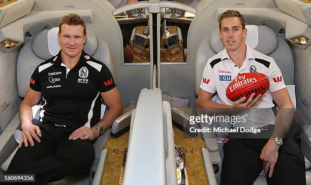 Coach Nathan Buckley and captain Nick Maxwell sit in the cabin of an Emirates A380 aircraft after the Collingwood Magpies 2013 Captaincy And...