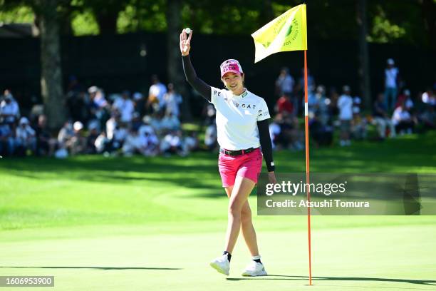 Erika Hara of Japan celebrates after making her birdie putt on the 18th green during the first round of NEC Karuizawa72 Golf Tournament at Karuizawa...