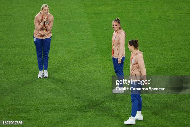 Alessia Russo and Katie Zelem of England react during an England Stadium Familiarisation during the FIFA Women's World Cup Australia & New Zealand...