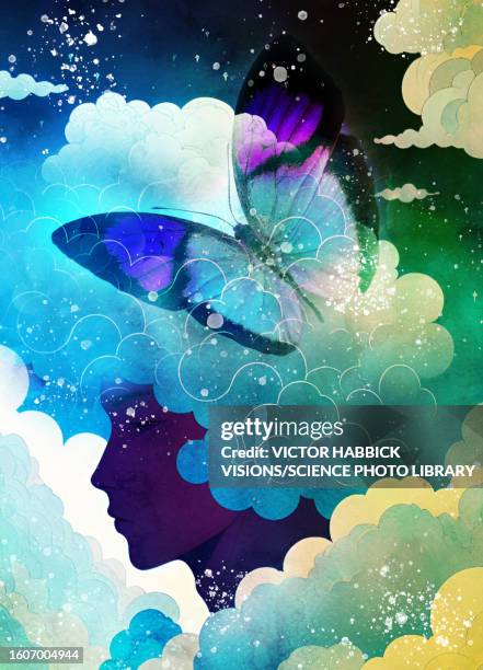 mental wellbeing, conceptual illustration - meditieren stock-grafiken, -clipart, -cartoons und -symbole