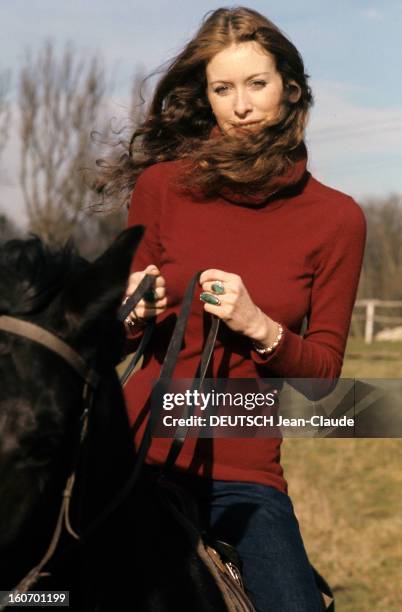 Model And Photographer Rory Flynn Poses In Studio And Outdoor. En février 1972, le mannequin et photographe Rory FLYNN, portant un pull rouge, monte...