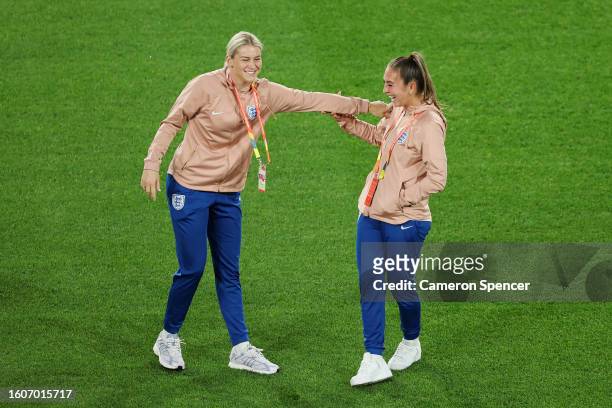 Alessia Russo and Katie Zelem of England react during an England Stadium Familiarisation during the FIFA Women's World Cup Australia & New Zealand...