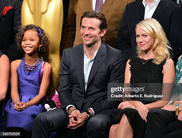 Actors Quvenzhané Wallis, Bradley Cooper, and Naomi Watts attend the 85th Academy Awards Nominations Luncheon at The Beverly Hilton Hotel on February...