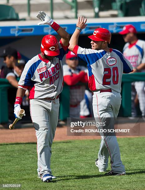 Johnny Monell of Criollos de Caguas of Puerto Rico, celebrates in a match against Leones del Escogido of Dominican Republic, during the 2013...