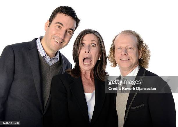 Producers Jonathan Gordon, Donna Gigliotti, and Bruce Cohen pose for a portrait during the 85th Academy Awards Nominations Luncheon at The Beverly...