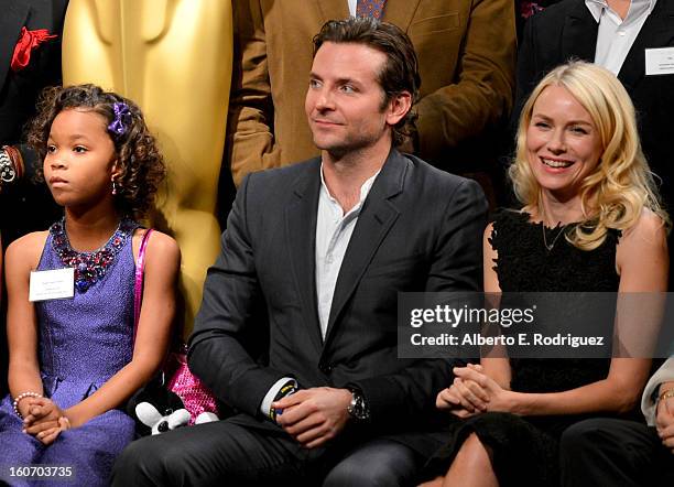 Actors Quvenzhane Wallis, Bradley Cooper and Naomi Watts attend the 85th Academy Awards Nominations Luncheon at The Beverly Hilton Hotel on February...