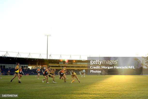 General view of play during the 2023 AFLW practice match between the GWS GIANTS and the Richmond Tigers at Blacktown International Sports Park on...