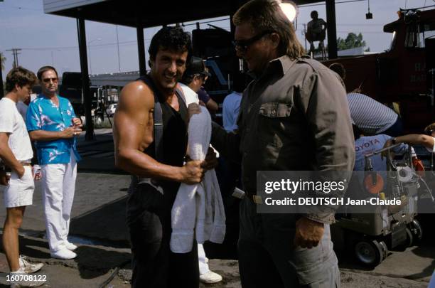 Sylvester Stallone On The Set Of 'over The Top' By Golan Menahem. Aout 1986- Portrait de Sylvester STALLONE à l'occasion du tournage du film 'Over...