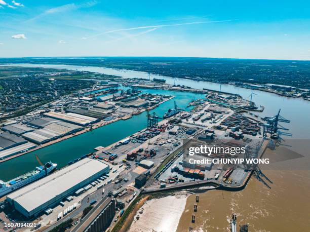 drone view of tilbury docks in england - brexit business stock pictures, royalty-free photos & images