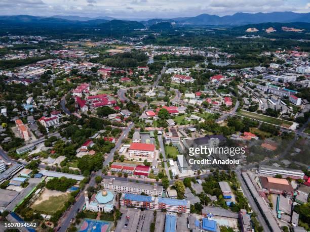 An aerial view of the city in Yala, Thailand on August 14, 2023. Daily life around the Thai-Malaysian border on the east coast of the Malay...