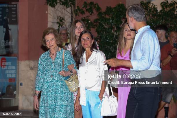 King Felipe, Queen Letizia, Princess Leonor, Infanta Sofia and Queen Sofia leave the cinema after watching the Barbie movie on August 10, 2023 in...
