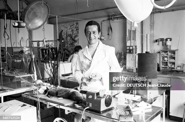 Dr Henri Laborit. A Paris, dans son laboratoire de recherche biologique de l'hôpital Boucicaut, le docteur Henri LABORIT, pratiquant une expérience...