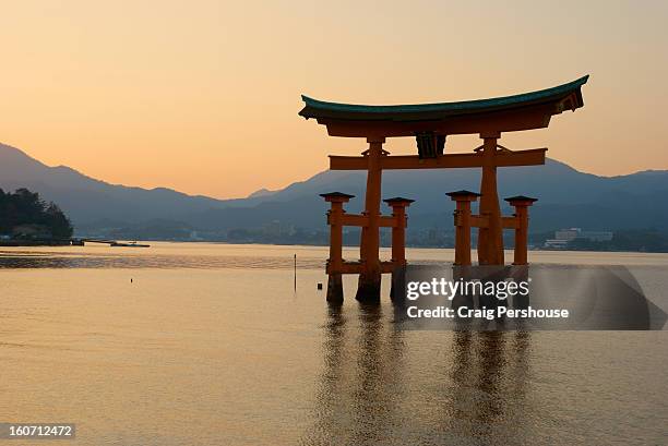 floating torii at itsukushima shrine at sunset - 厳島神社 ストックフォトと画像