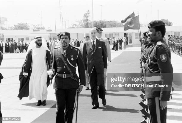 Official Visit Of Valery Giscard D'estaing In United Arab Emirates. Le 13 mars 1980, à Abu-Dhabi aux Émirats Arabes Unis, le Cheikh ZAYED BEN SULTAN...