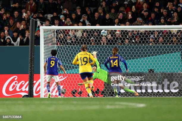 The penalty kick taken by Riko Ueki of Japan hits during the FIFA Women's World Cup Australia & New Zealand 2023 Quarter Final match between Japan...