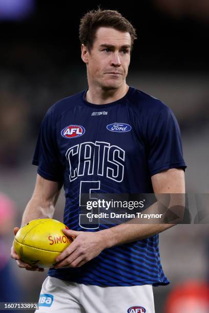 Jeremy Cameron of the Cats warms up before the round 22 AFL match between Collingwood Magpies and Geelong Cats at Melbourne Cricket Ground, on August...