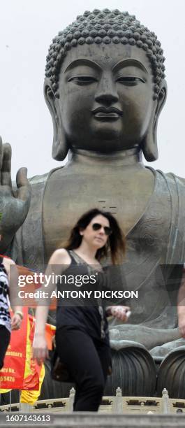 Visitor descends down the steps of the Tian Tan Buddha, the world's tallest, outdoor, seated bronze Buddha on the occasion of Buddha's birthday in...