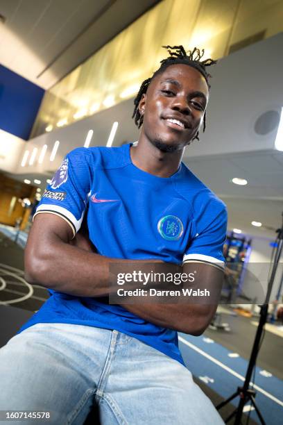 Chelsea unveil new signing Romeo Lavia at Chelsea training Ground on August 18, 2023 in Cobham, England.