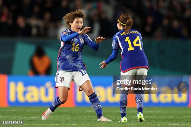 Honoka Hayashi of Japan celebrates with teammate Yui Hasegawa after scoring her team's first goal during the FIFA Women's World Cup Australia & New...