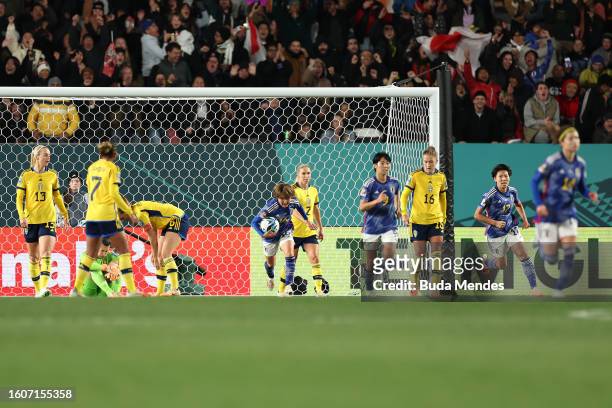 Honoka Hayashi of Japan reacts after scoring her team's first goal during the FIFA Women's World Cup Australia & New Zealand 2023 Quarter Final match...