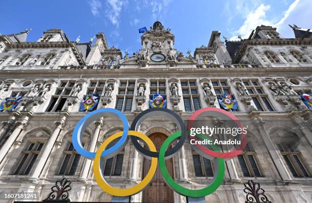 The Olympic Rings display in front of the Paris City Hall in Paris, France on August 18, 2023.