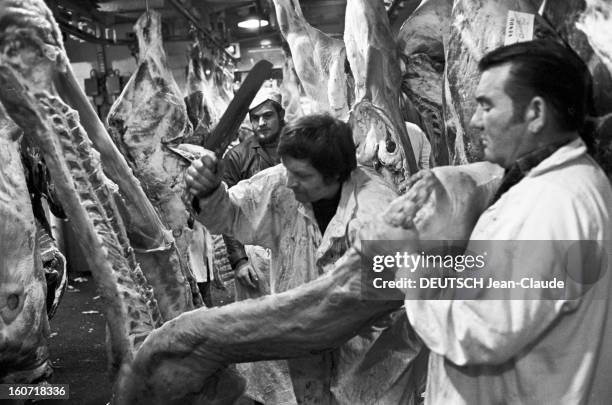 The Halls Of Rungis The Meat Market. Val-de-Marne, Rungis- 21 Avril 1975- Reportage sur les Halles de Rungis et son marché de la viande: un boucher...