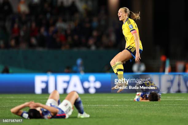Magdalena Eriksson of Sweden celebrates her team's 2-1 victory and advance to the semi final following the FIFA Women's World Cup Australia & New...