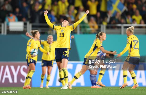 Amanda Ilestedt of Sweden celebrates her team's 2-1 victory and advance to the semi final following the FIFA Women's World Cup Australia & New...