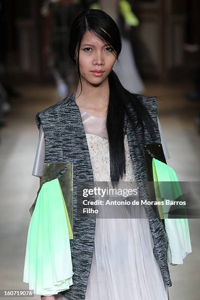 Model walks the runway during New Stylists Podium 4th Edition Fashion Show at Hotel Westin on February 4, 2013 in Paris, France.