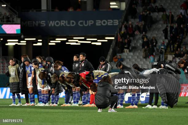 Japan players bow to applaud fans after the team's 1-2 defeat and elimination from the tournament following the FIFA Women's World Cup Australia &...