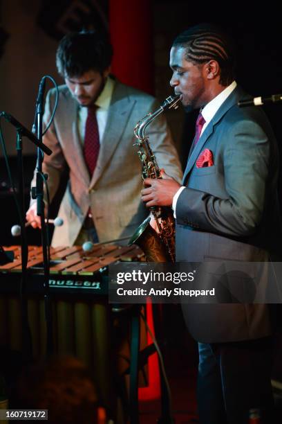 Lewis Wright and Nathaniel Facey of the band Empirical perform on stage at Pizza Express Jazz Club on February 4, 2013 in London, England.