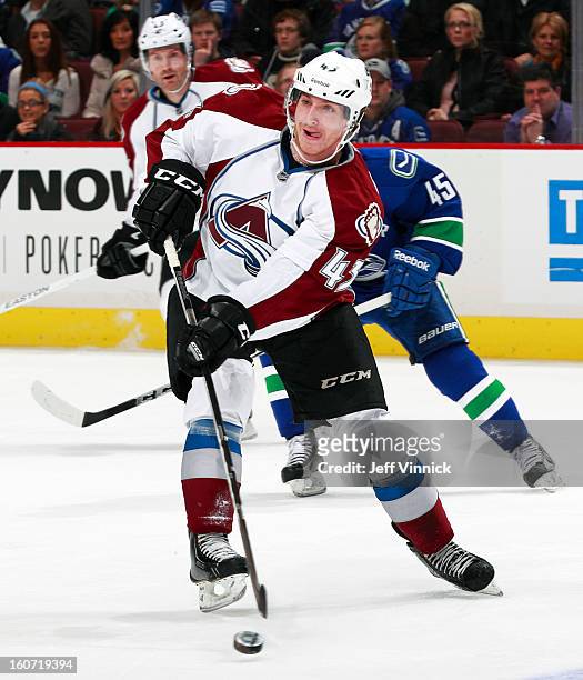 Michael Sgarbossa of the Colorado Avalanche skates up ice during their NHL game against the Vancouver Canucks at Rogers Arena January 30, 2013 in...