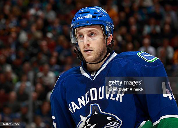 Jordan Schroeder of the Vancouver Canucks skates to the bench during their NHL game against the Colorado Avalanche at Rogers Arena January 30, 2013...