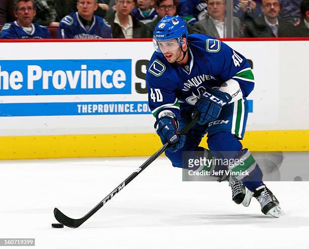 Maxim Lapierre of the Vancouver Canucks skates up ice with the puck during their NHL game against the Colorado Avalanche at Rogers Arena January 30,...