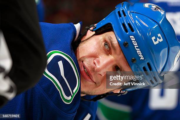Kevin Bieksa of the Vancouver Canucks looks to the bench during their NHL game against the Colorado Avalanche at Rogers Arena January 30, 2013 in...
