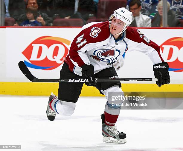 Tyson Barrie of the Colorado Avalanche skates up ice during their NHL game against the Vancouver Canucks at Rogers Arena January 30, 2013 in...