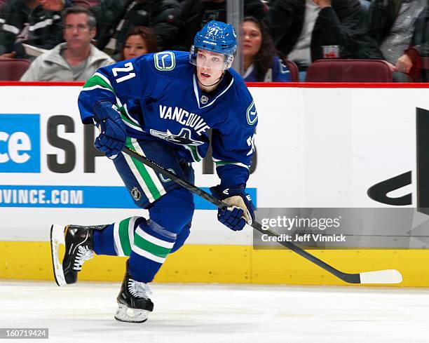 Mason Raymond of the Vancouver Canucks skates up ice during their NHL game against the Colorado Avalanche at Rogers Arena January 30, 2013 in...
