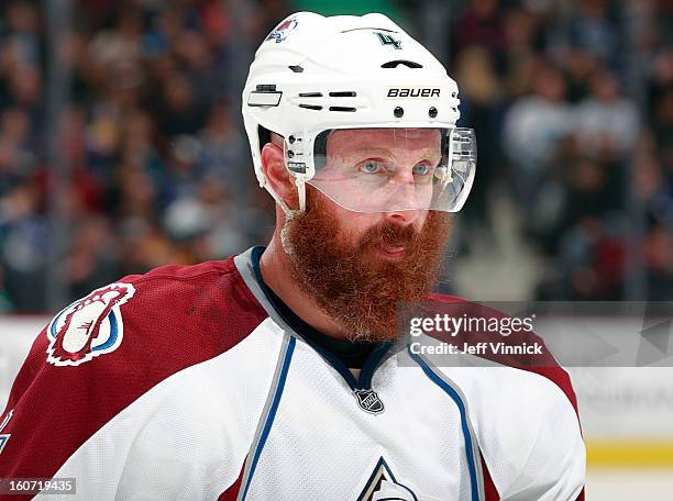Greg Zanon of the Colorado Avalanche looks skates to the bench during their NHL game against the Vancouver Canucks at Rogers Arena January 30, 2013...