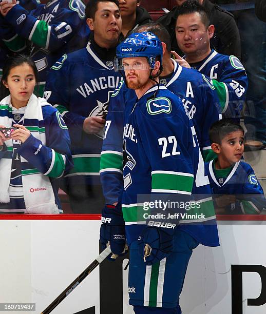 Daniel Sedin of the Vancouver Canucks looks to the bench during their NHL game against the Colorado Avalanche at Rogers Arena January 30, 2013 in...