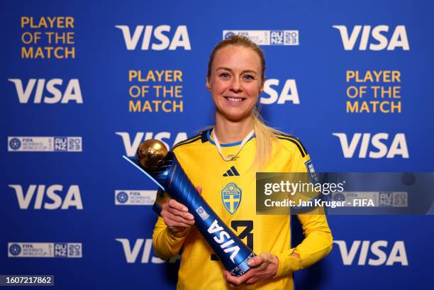 Amanda Ilestedt of Sweden poses for a photo with her VISA Player of the Match award after the FIFA Women's World Cup Australia & New Zealand 2023...