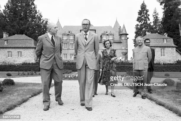 Jacques Chirac Receives Tao Tseng, Ambassador Of China In France.. En CORREZE, à SARRAN, devant le château de BITTY, appartenant aux CHIRAC, de...