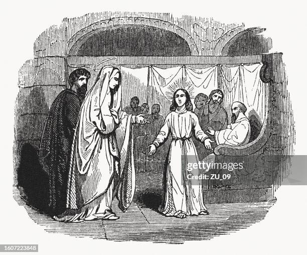 twelve year old jesus (luke 2), wood engraving, published 1837 - 12 13 years stock illustrations