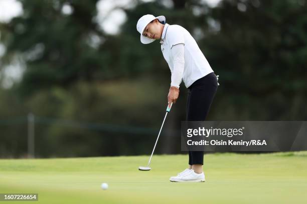 Amy Yang of South Korea putts on the 10th green on Day Two of the AIG Women's Open at Walton Heath Golf Club on August 11, 2023 in Tadworth, England.