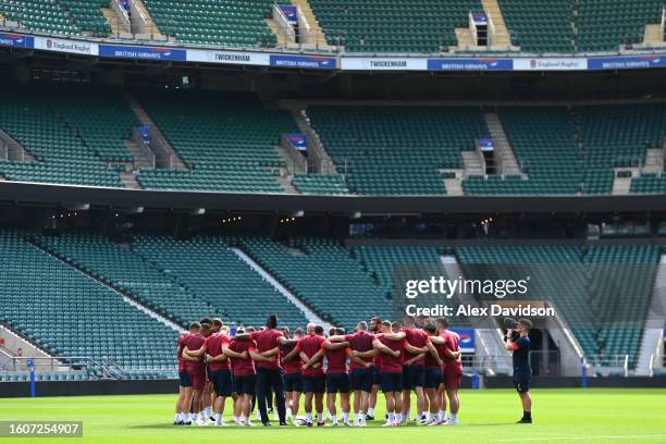 England players huddle during a training session at Twickenham Stadium on August 11, 2023 in London, England.