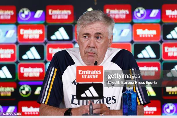 Head coach Carlo Ancelotti of Real Marid attends a press conference after a training session prior to their first La Liga match of the season at...