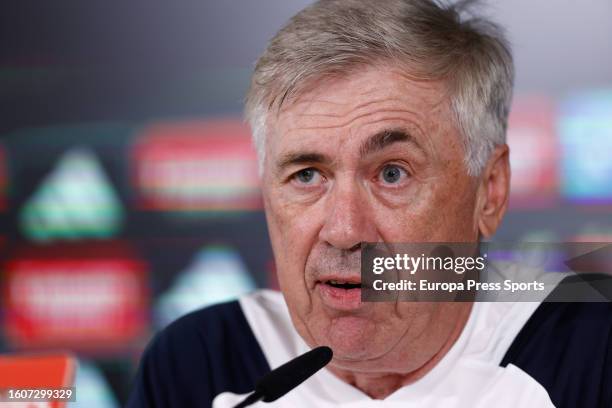 Head coach Carlo Ancelotti of Real Marid attends a press conference after a training session prior to their first La Liga match of the season at...