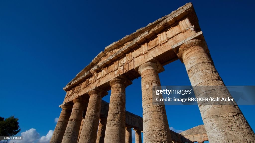 Evening light, Doric Temple, Segesta, super wide angle, oblique aerial view, front, pediment, Ancient Site, Archaeological Site, Doric, Trapani Province, Sicily, Italy