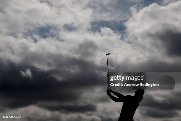 Jodi Ewart Shadoff of England plays her tee shot on the 13th hole on Day Two of the AIG Women's Open at Walton Heath Golf Club on August 11, 2023 in...