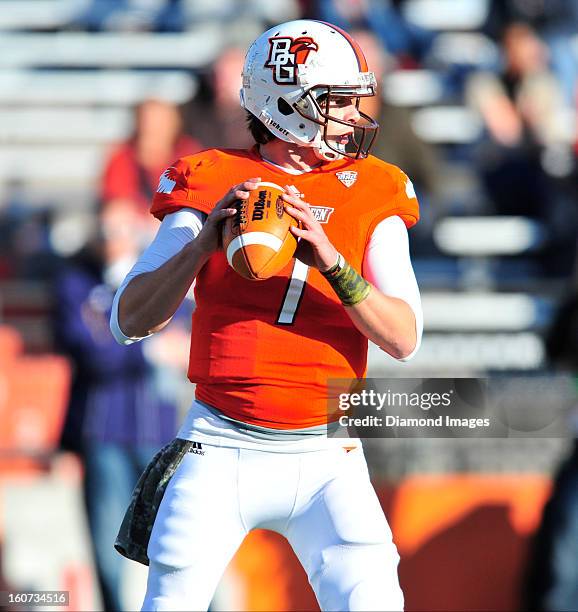 Quarterback Matt Schilz of the Bowling Green Falcons drops back to pass during a game with the Kent State Golden Flashes at Dolt L. Perry Stadium in...