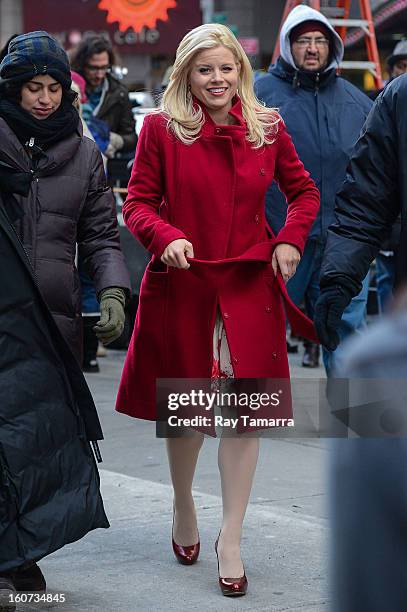 Actress Megan Hilty enters the "Smash" movie set in Times Square on February 4, 2013 in New York City.